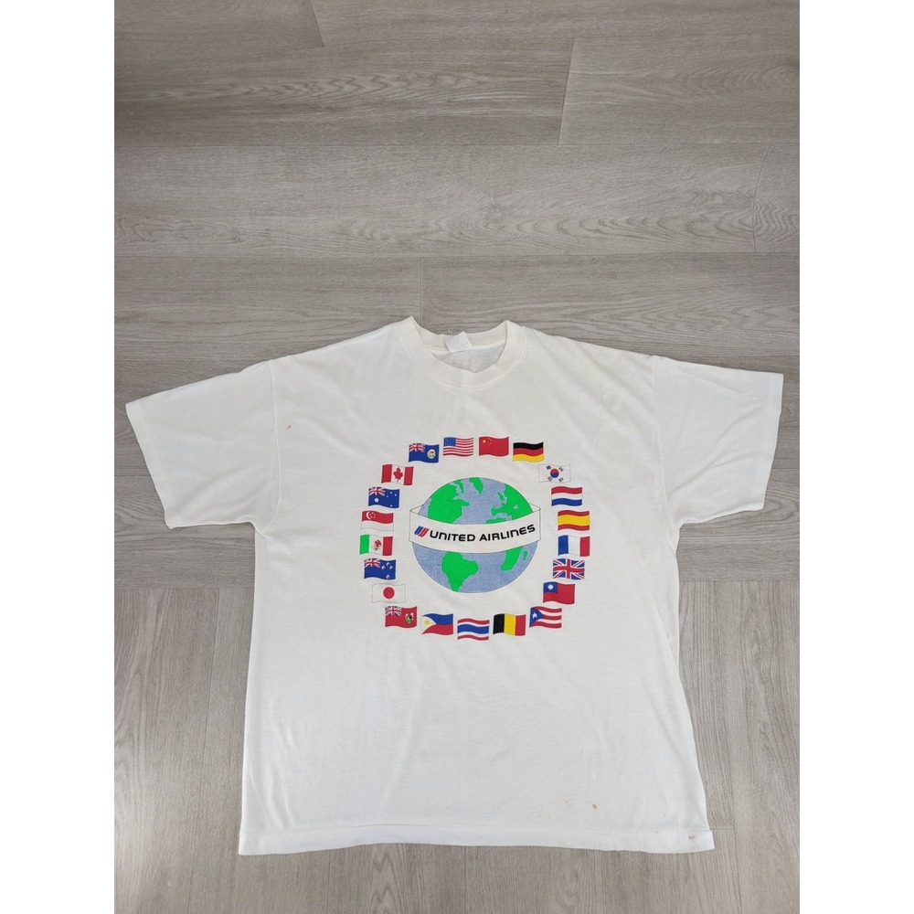 Vintage 80's-90's era Touch of Gold White Shirt United Airlines World Flags XL